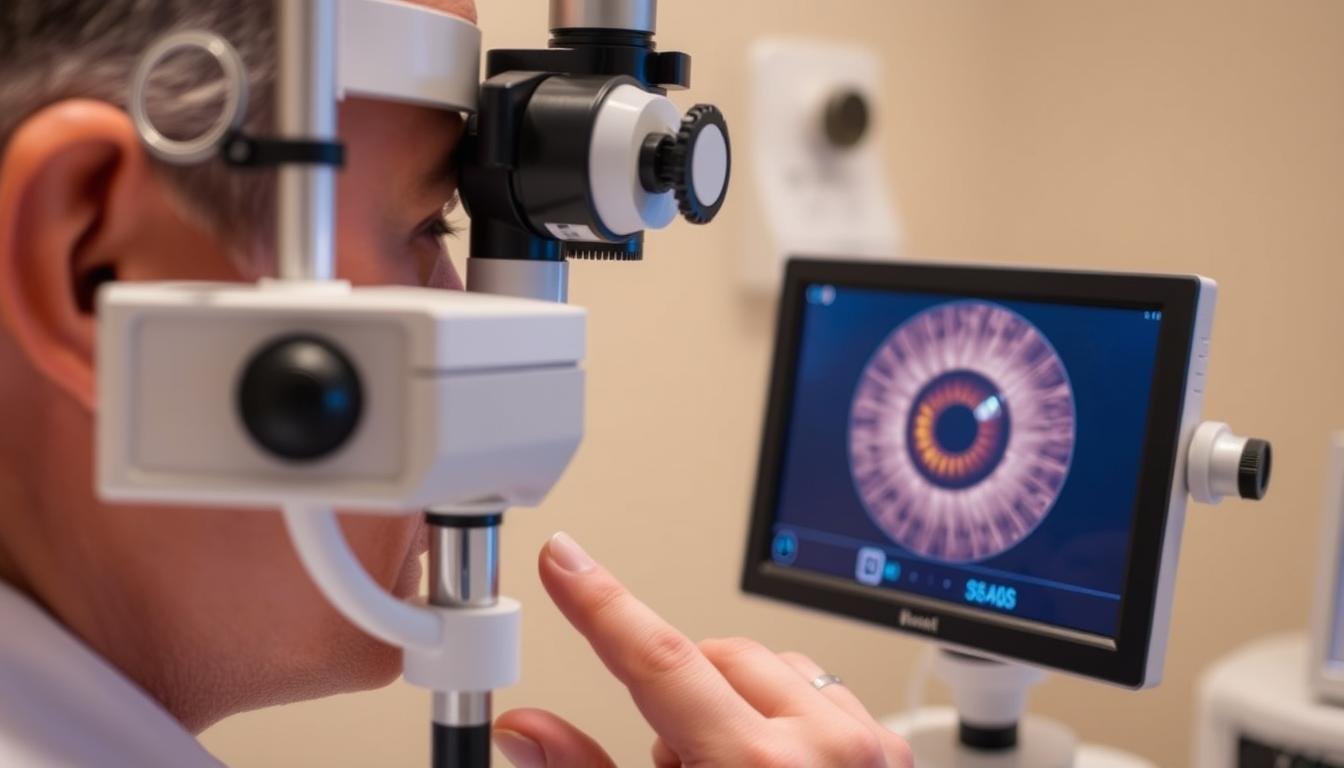 Iridologist examining eye for stress rings