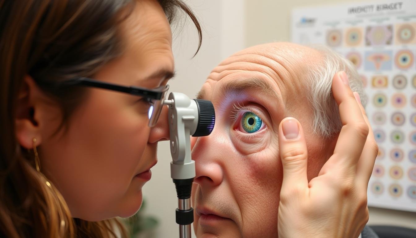 Iridologist examining eye with magnifying tool against iridology chart