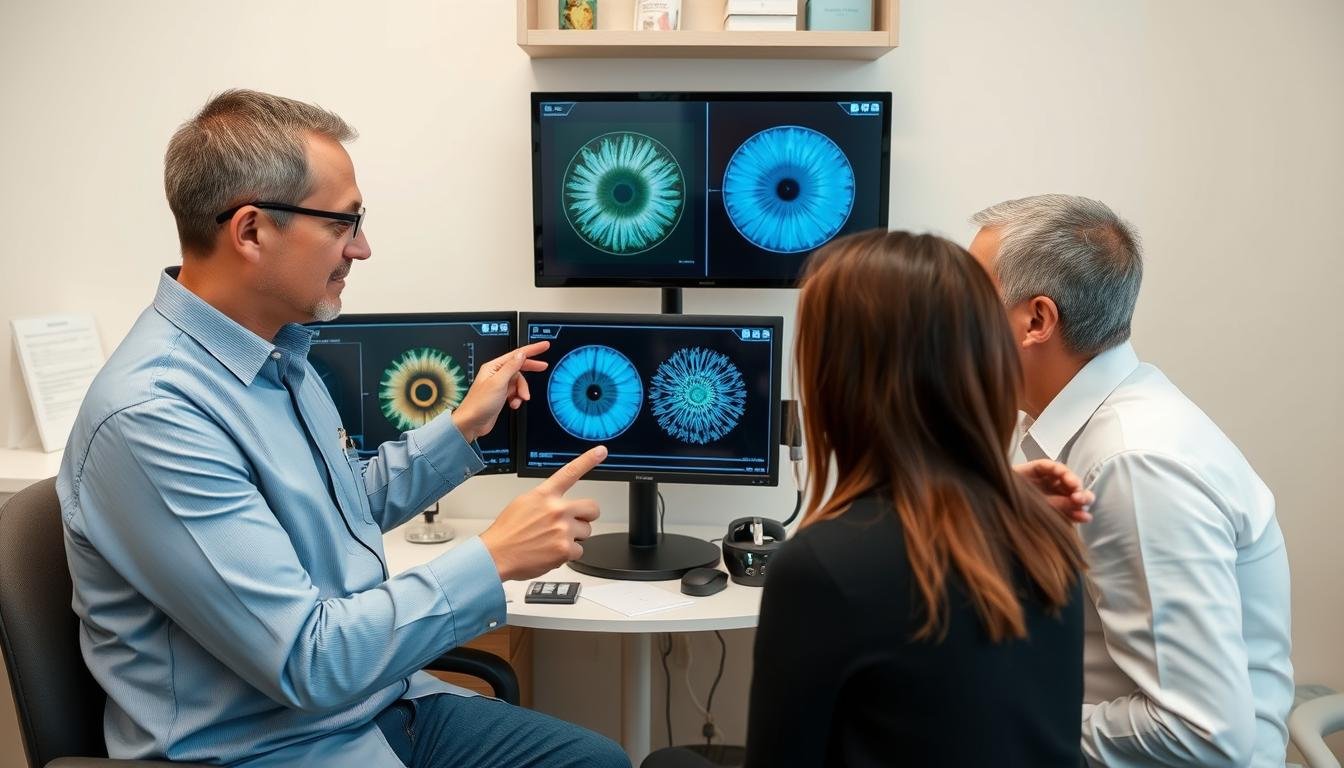 Iridologist explaining iris analysis results to a client using digital displays