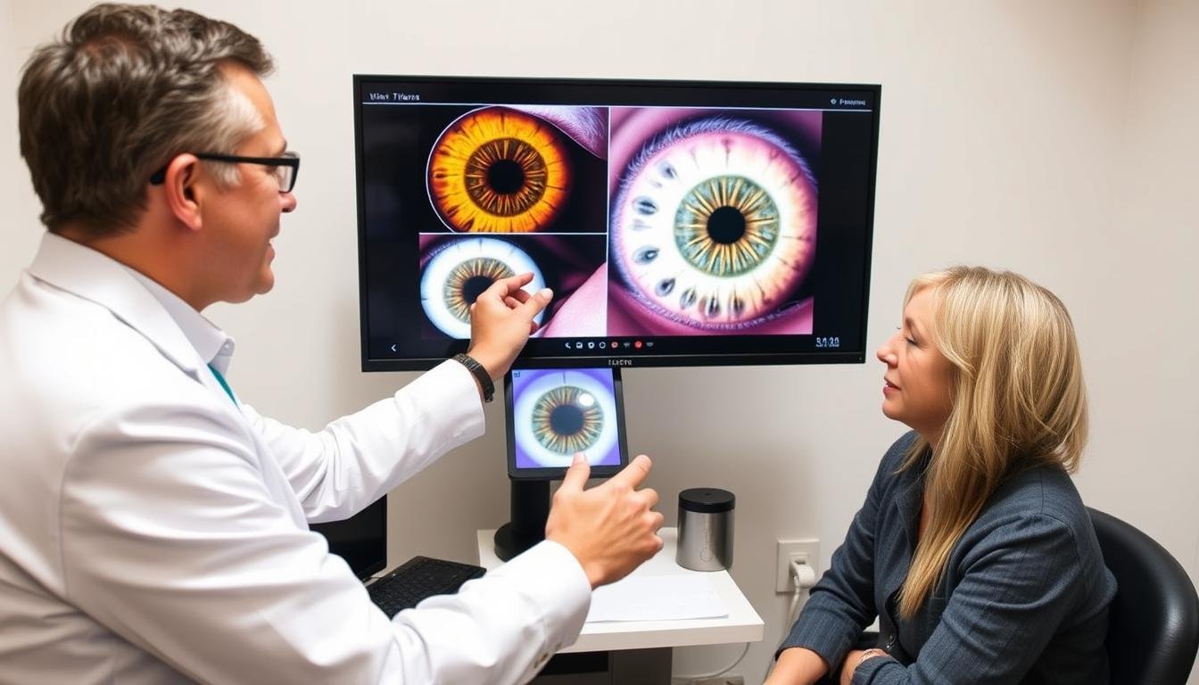 Iridologist explaining iris patterns to a client using digital displays