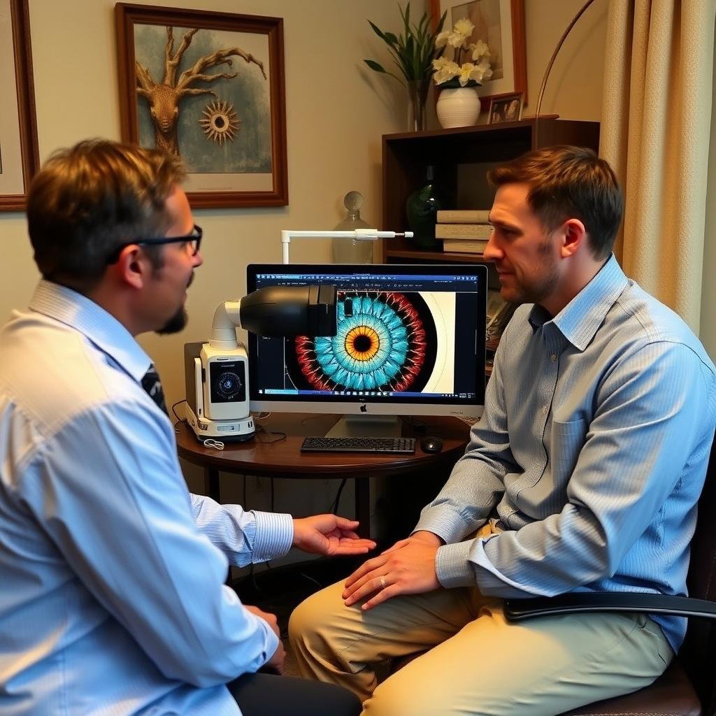 Iridologist in private practice consulting with a client