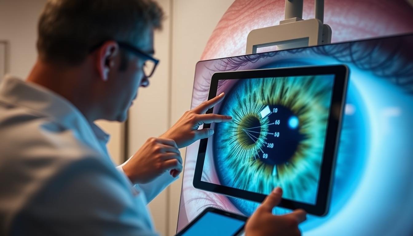 Iridologist pointing out genetic markers in a patient's iris