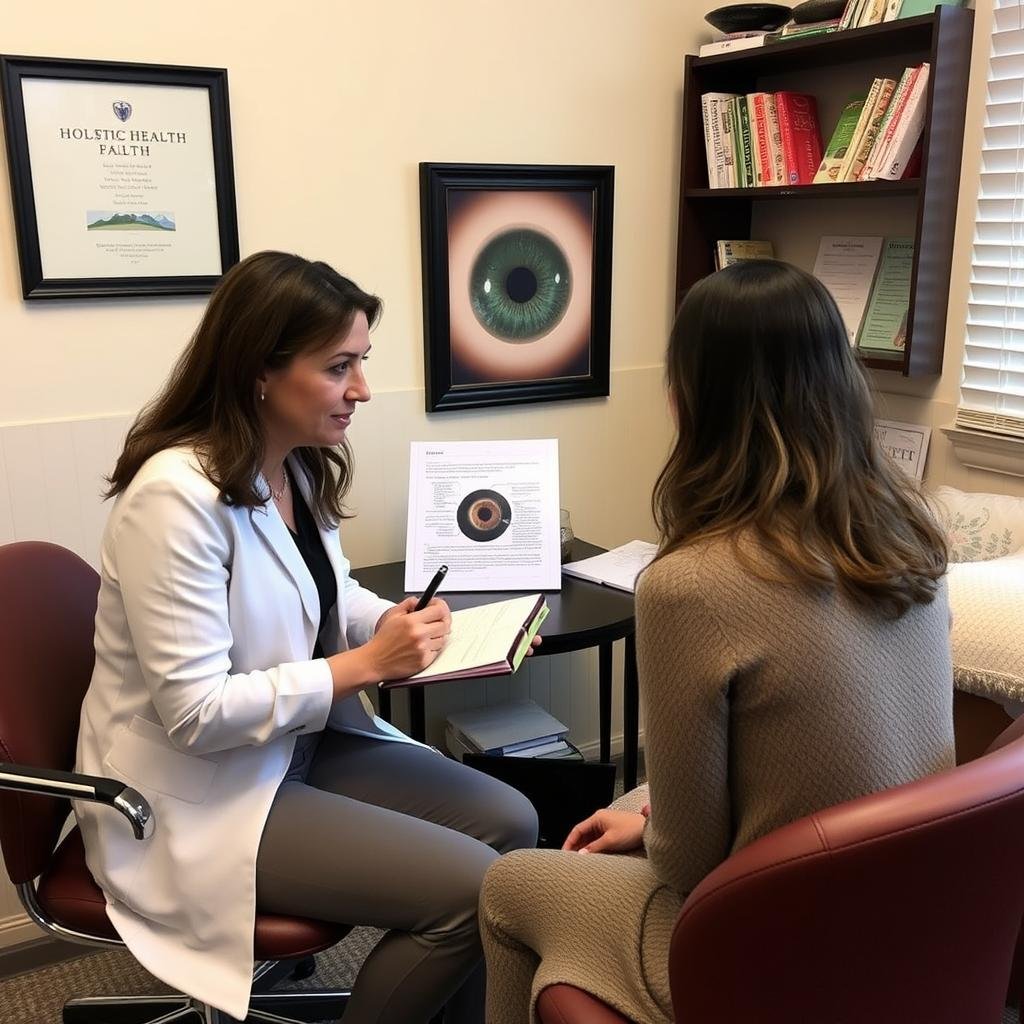 Iridologist taking a comprehensive health history before iris analysis