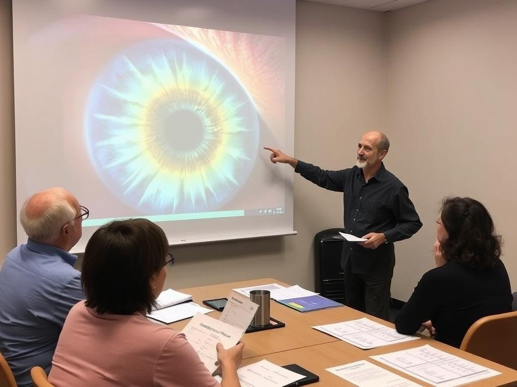 Iridologist teaching a workshop on advanced chart interpretation techniques