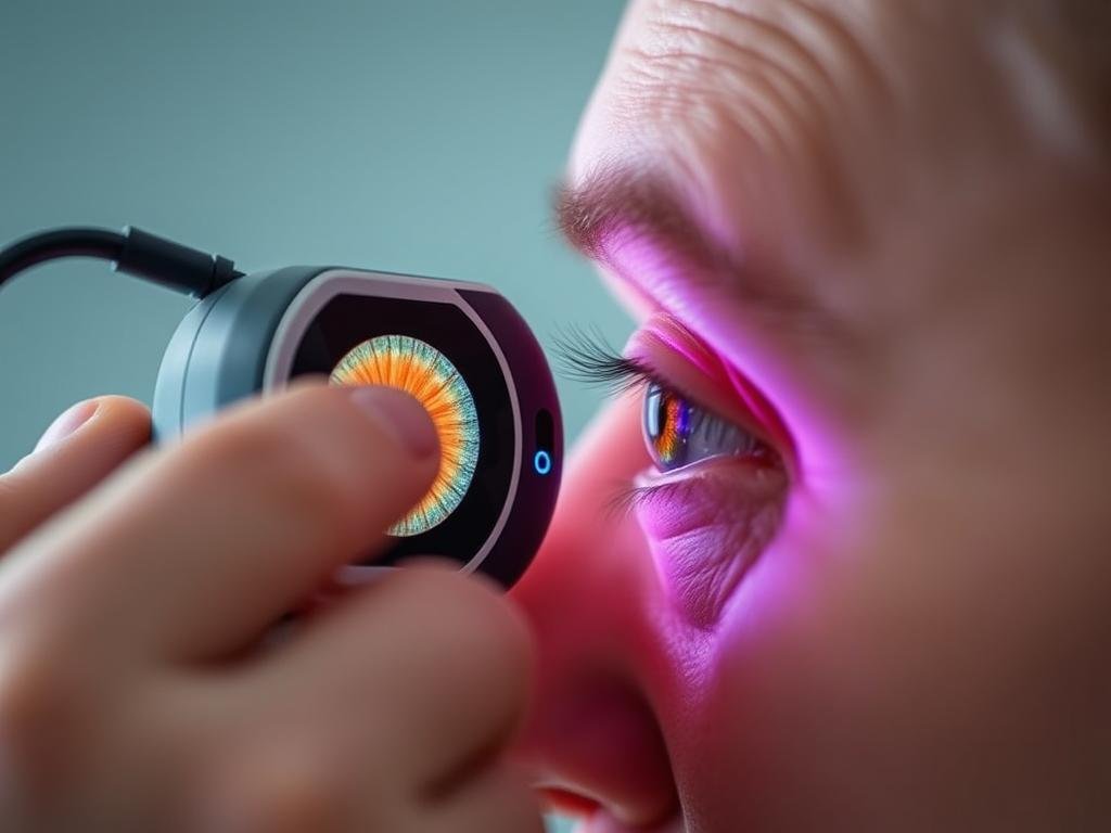 Iridologist using a handheld digital iriscope to examine a patient