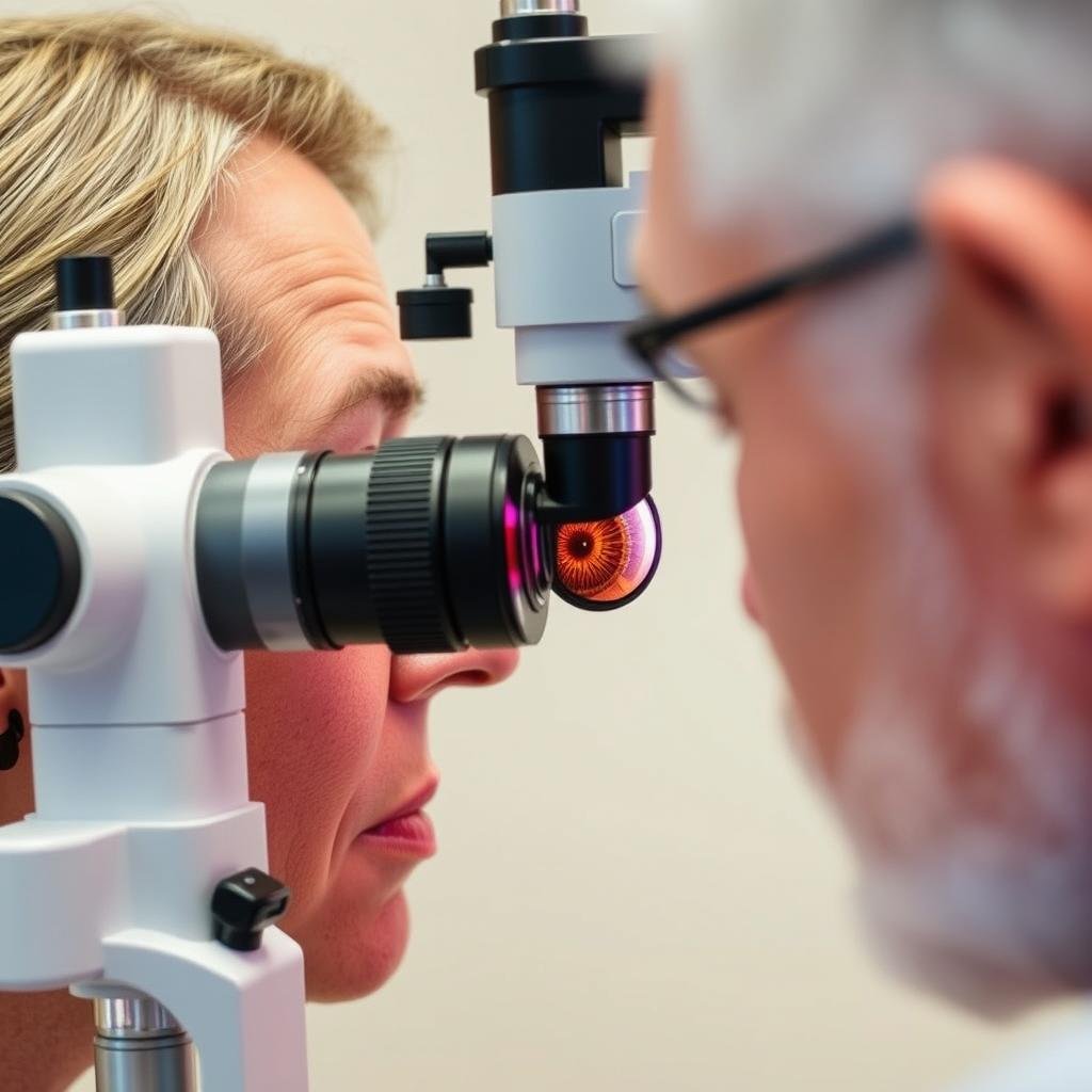 Iridologist using a slit lamp to examine a patient's iris in detail