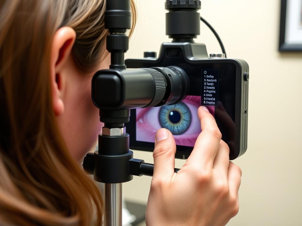 Iridologist using a specialized camera to photograph a client's iris