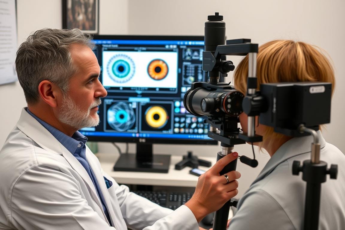 Iridologist using digital technology to analyze and document iris patterns