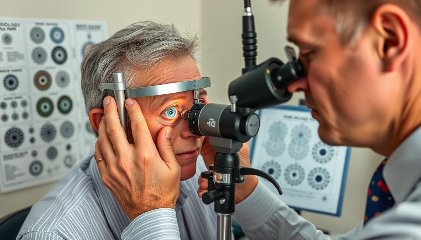 Iridologist using specialized equipment to examine an iris with chart reference