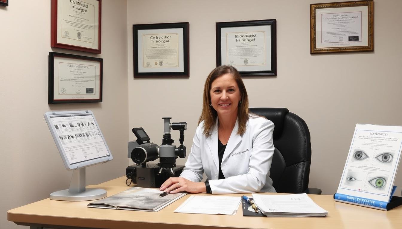Iridologist with certification documents and professional equipment