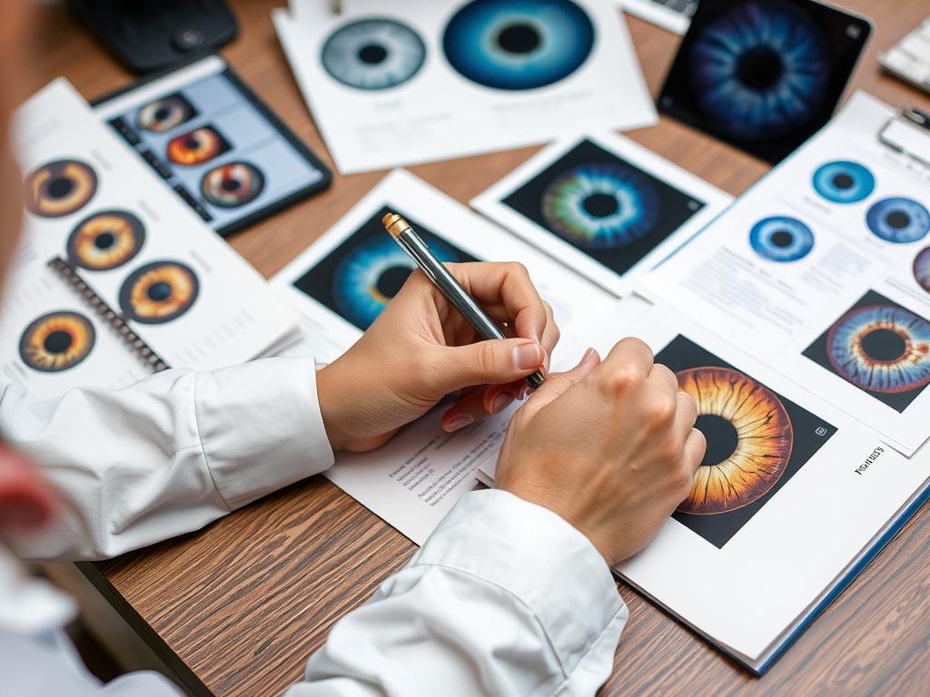 Iridologist writing a personalized health assessment report based on iris analysis