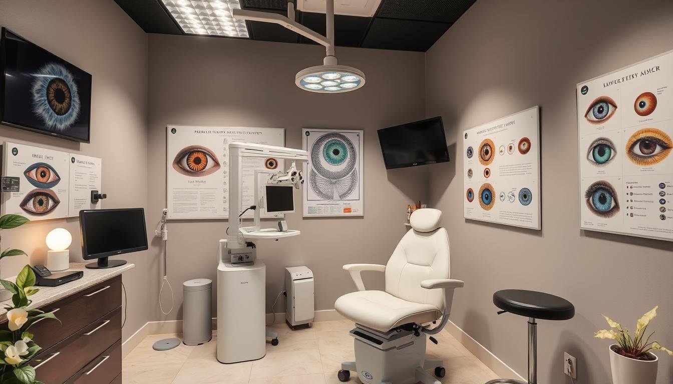 Iridologist's office with examination equipment and iris charts on the walls