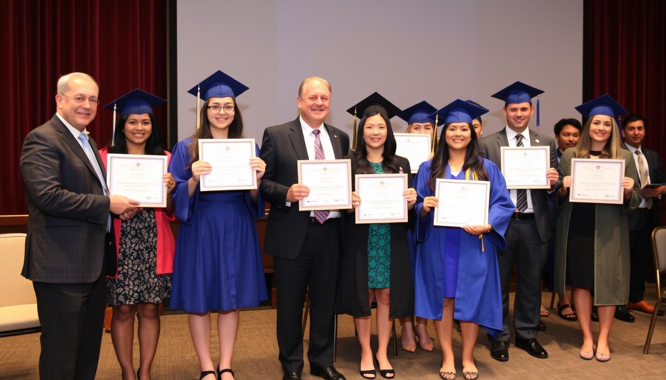 Iridology certification ceremony with graduates receiving credentials