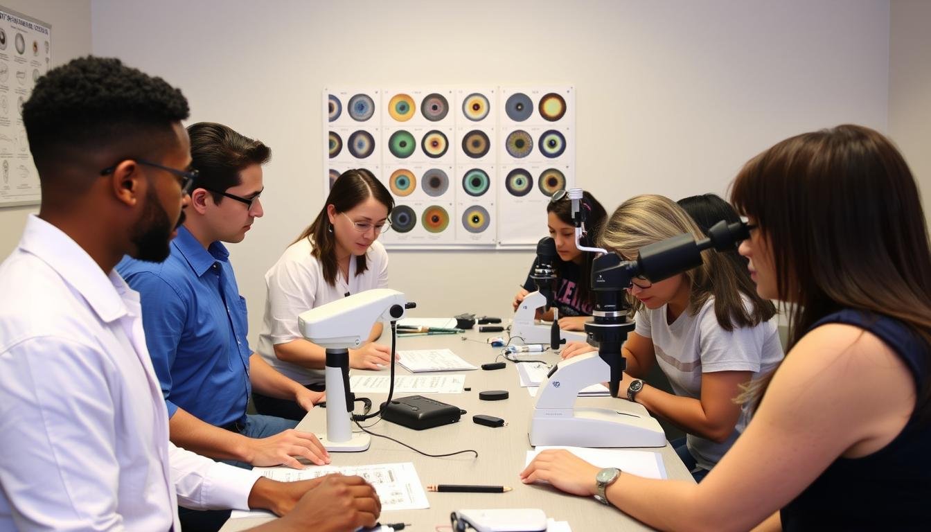 Iridology certification class with students learning iris analysis techniques
