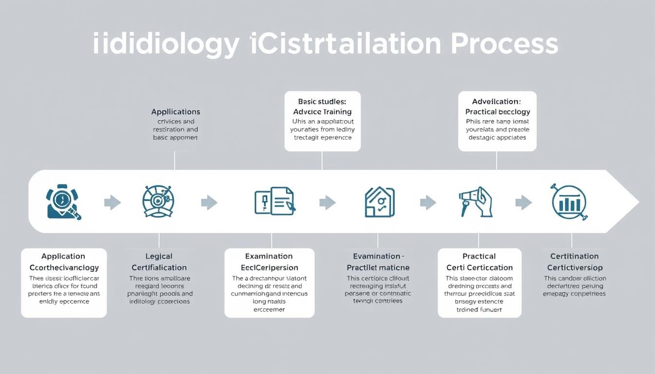 Iridology certification process timeline showing the progression from basic studies to final certification