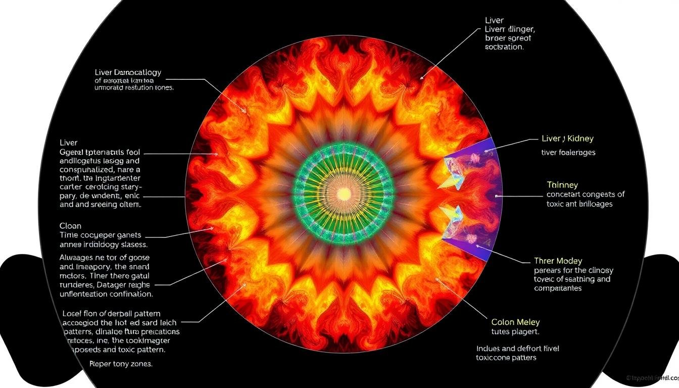 Iridology chart highlighting detoxification organ zones with visible congestion markers