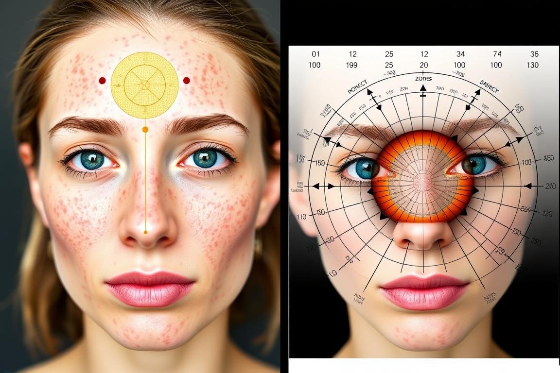 Iridology chart sections showing connections between iris zones and facial acne patterns