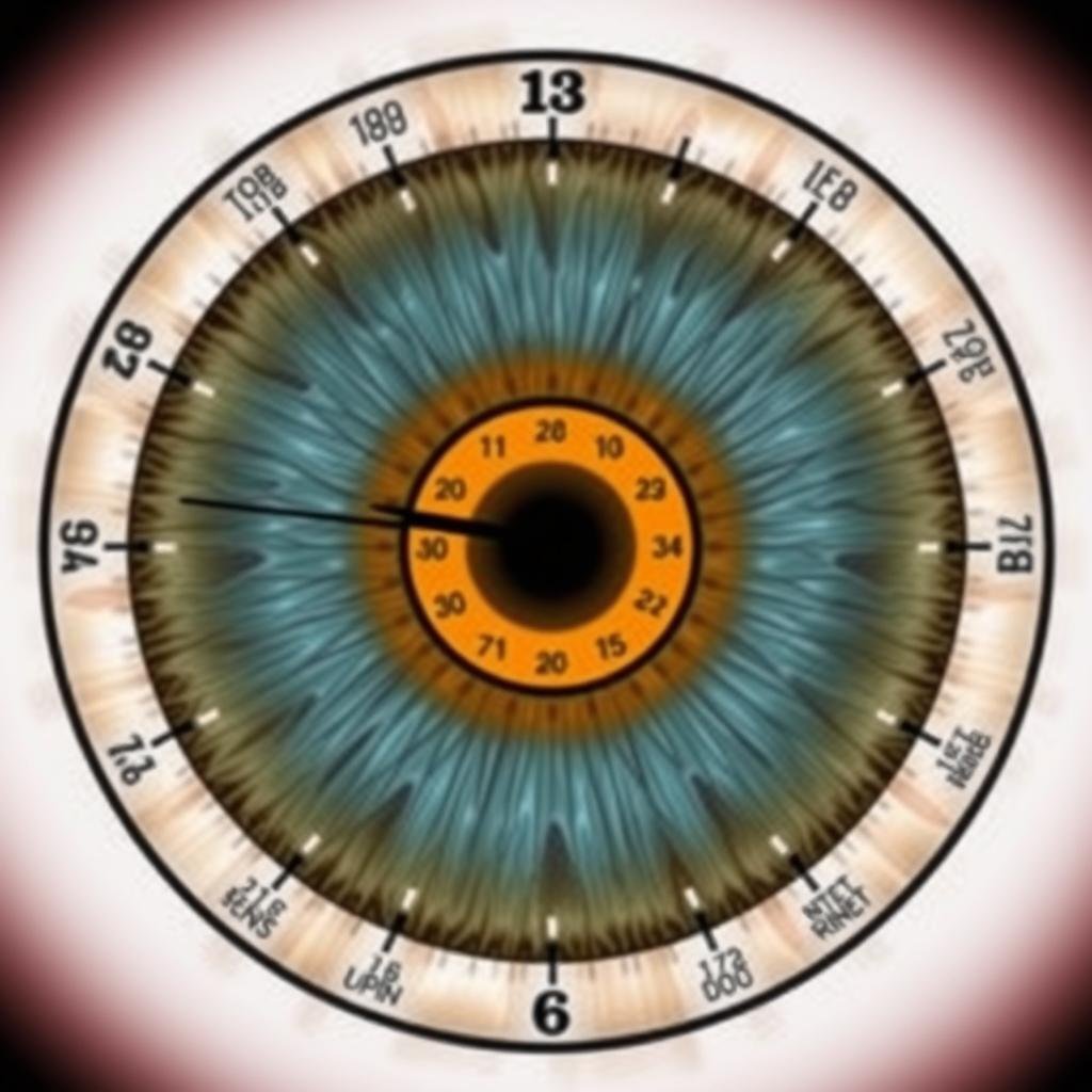 Iridology chart showing clock-face division of the iris with labeled zones