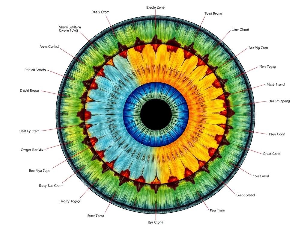 Iridology chart showing different zones of the iris and corresponding body parts