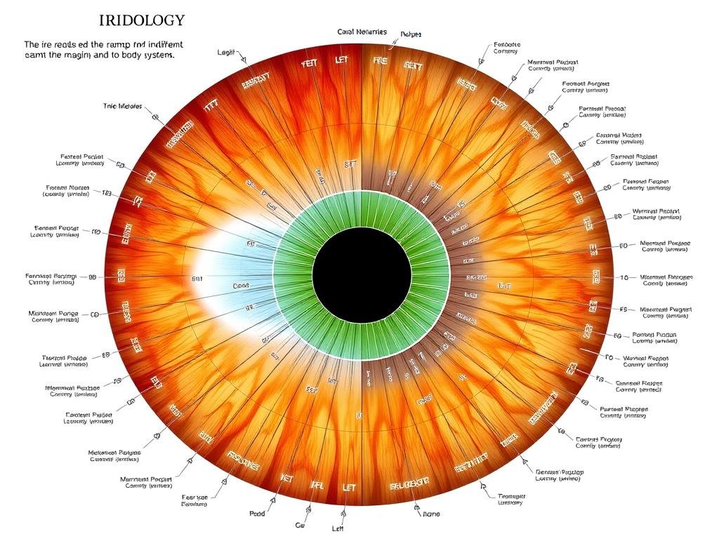 Iridology chart showing different zones of the iris mapped to body organs for Iridology Iris Diagnosis
