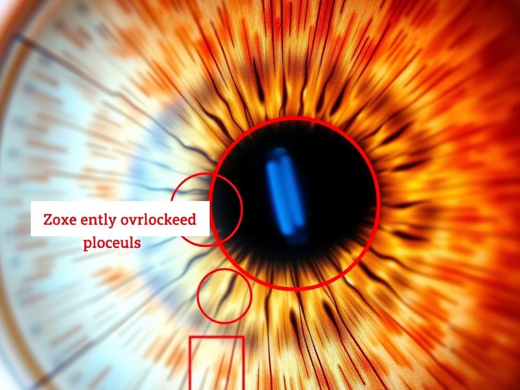 Iridology chart with highlighted zones that are commonly overlooked by beginners