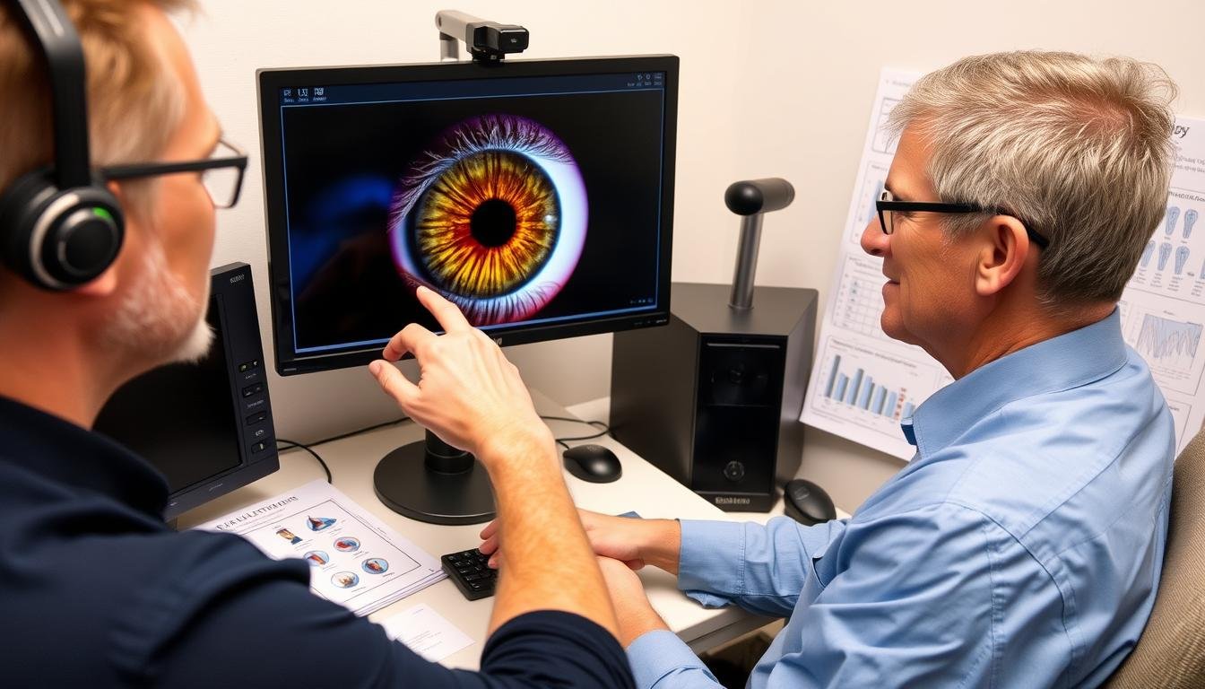 Iridology consultation showing practitioner analyzing iris photos