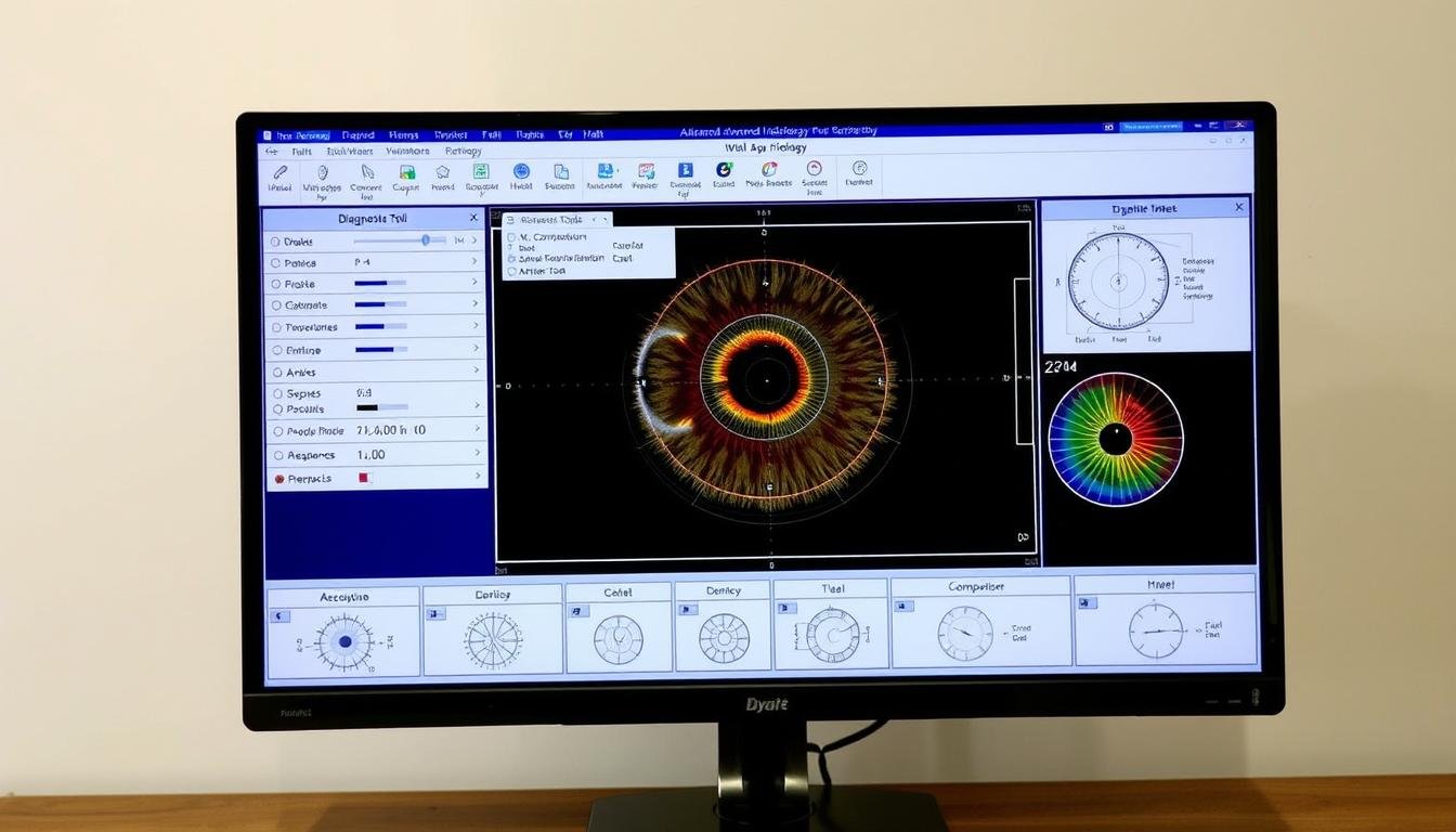 Iridology software interface showing detailed iris analysis with multiple diagnostic overlays