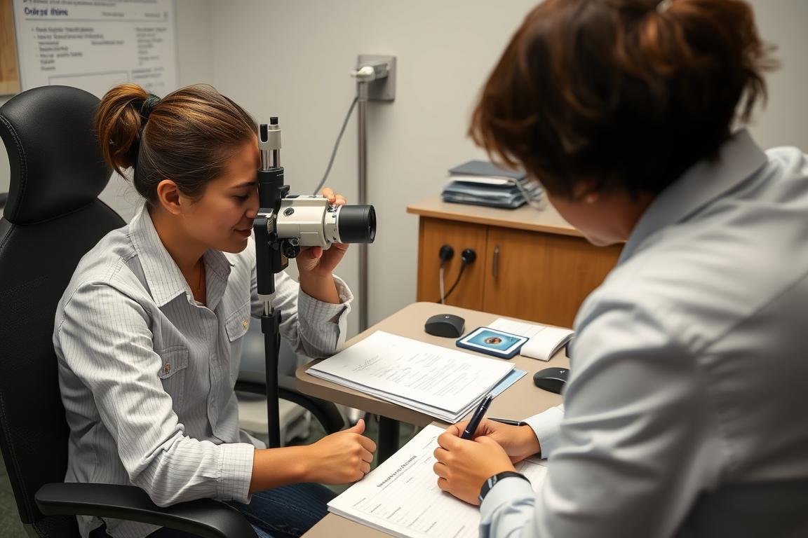 Iridology student completing certification examination