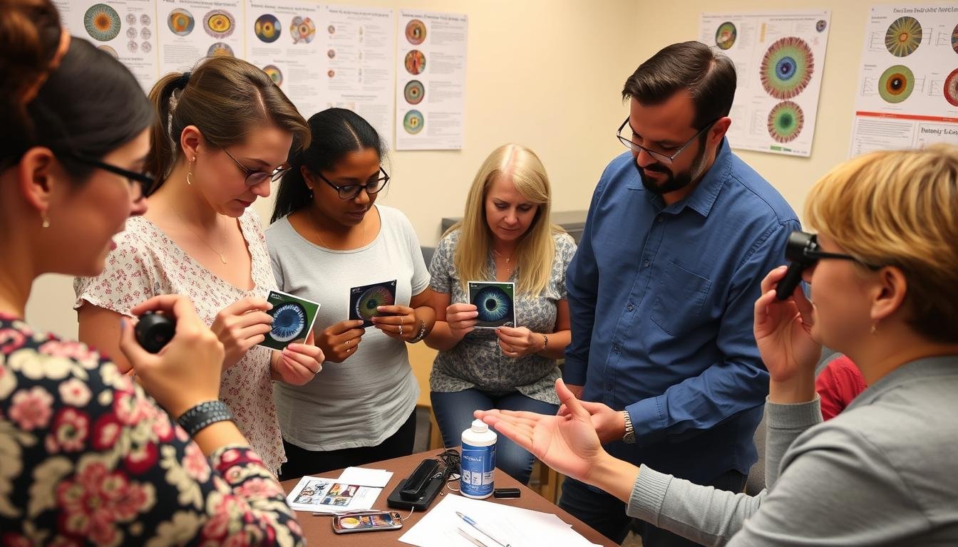 Iridology students practicing iris analysis during a certification training workshop