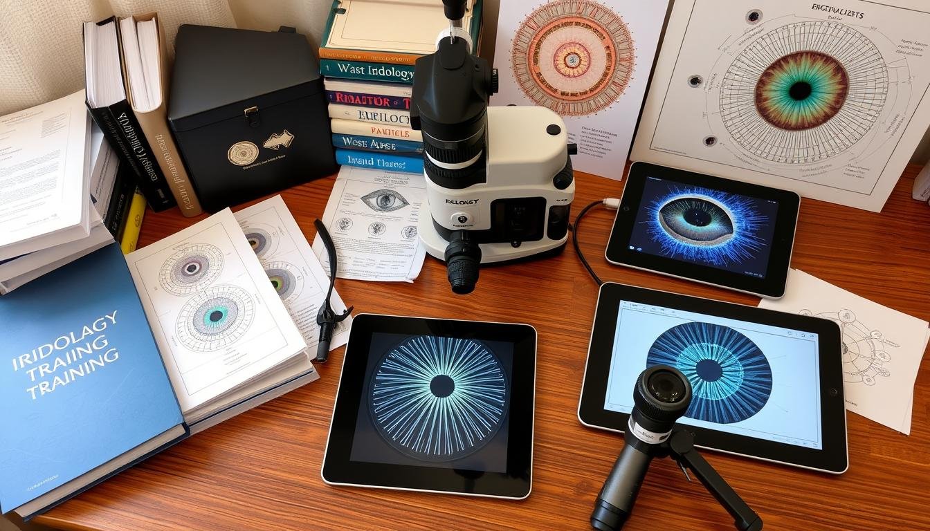 Iridology training materials including textbooks, charts, and examination equipment