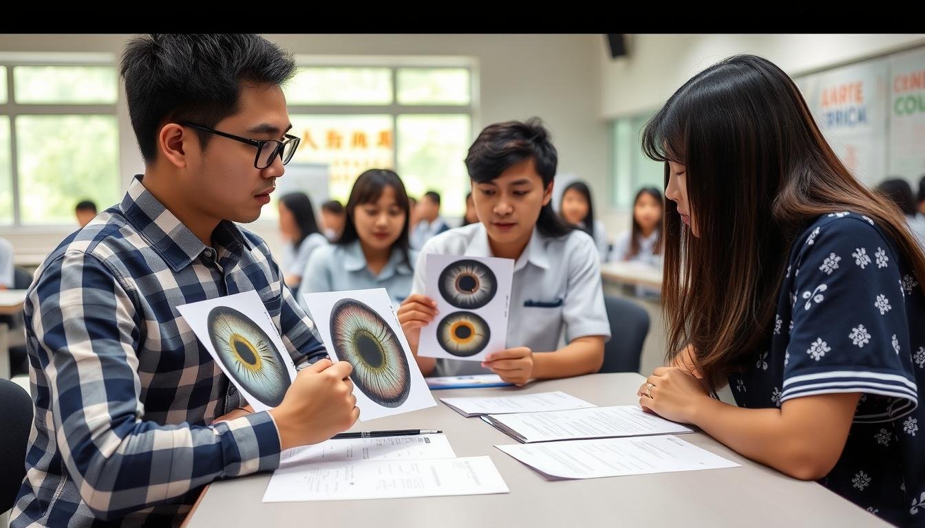 Iridology training session in an Asian school with students examining iris photographs