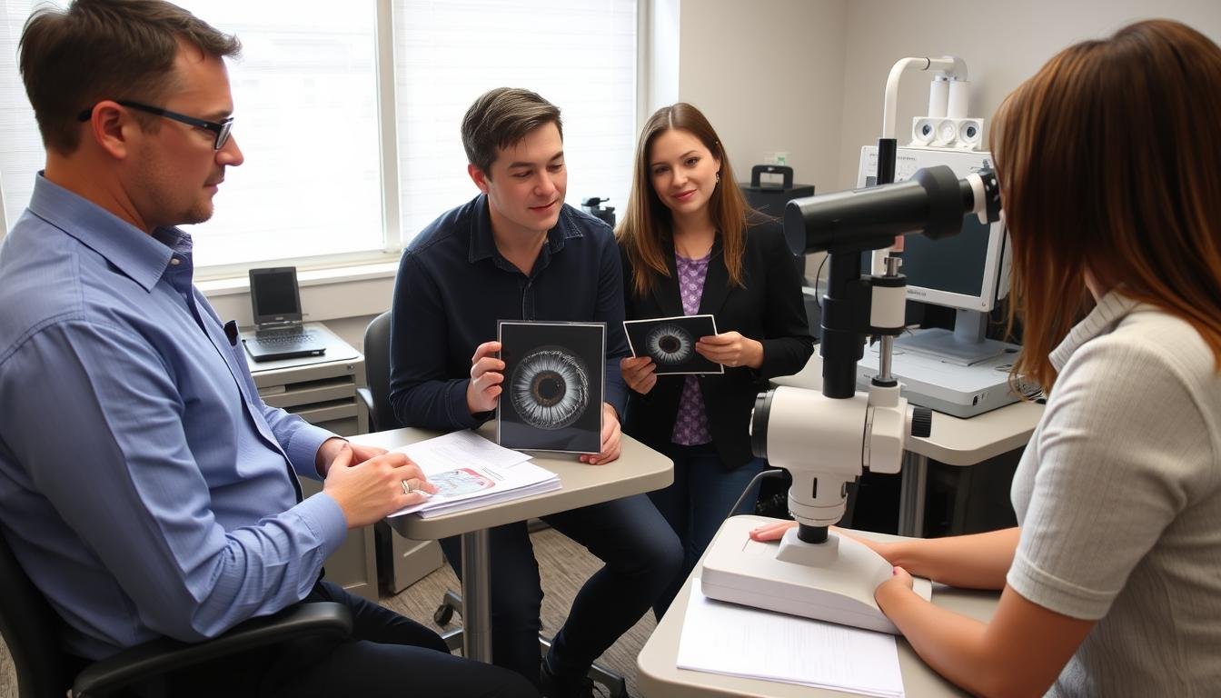 Iridology training session with students learning iris analysis techniques