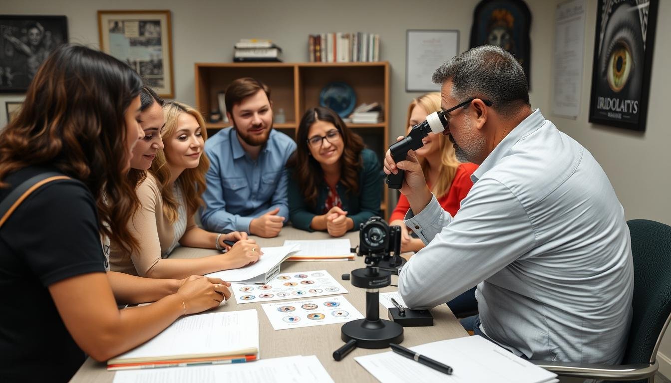 Iridology training session with students learning to analyze iris patterns