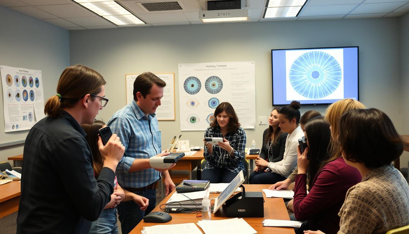 Iridology training workshop with students examining iris photographs