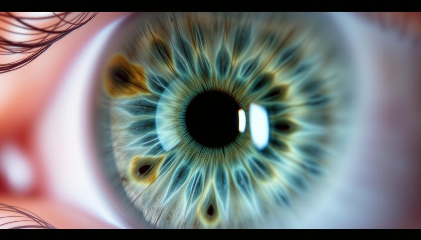 Iris showing common markers that iridologists identify as potential imbalances