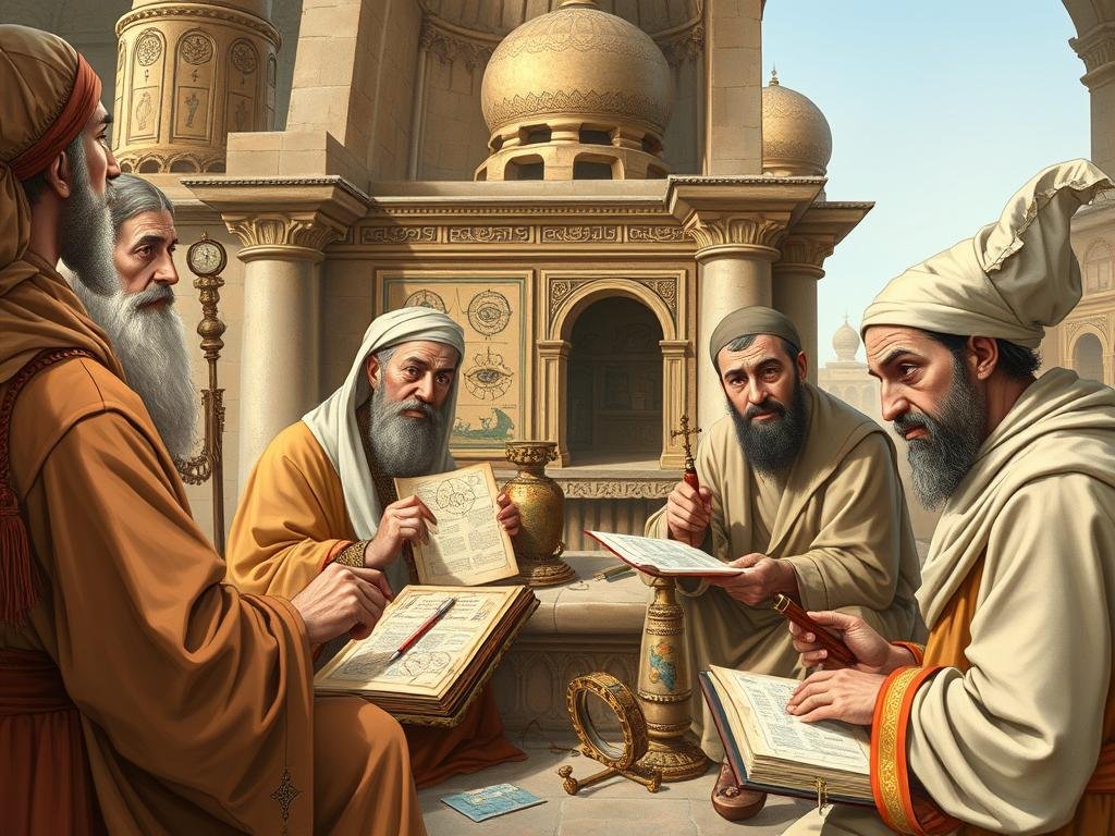 Islamic scholars conducting eye examinations and documenting findings in the medieval study of eyes