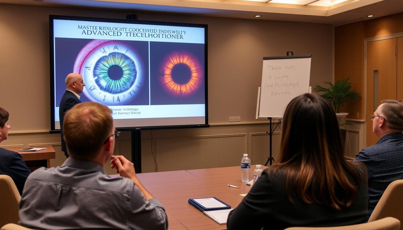 Master iridologist conducting a workshop for other practitioners
