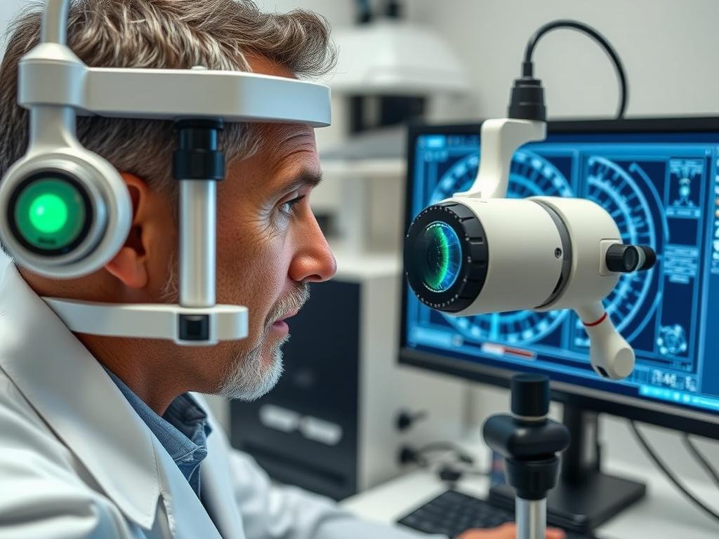 Master iridologist using advanced digital equipment for precise iris analysis