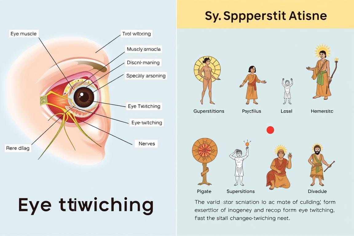 Medical illustration showing the scientific explanation for eye twitching versus superstitious beliefs