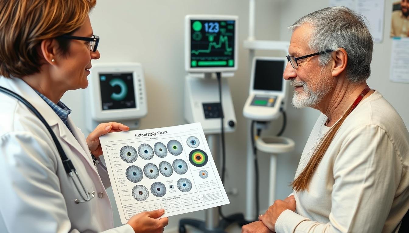 Medical professional discussing iridology chart with patient alongside conventional cardiac testing equipment