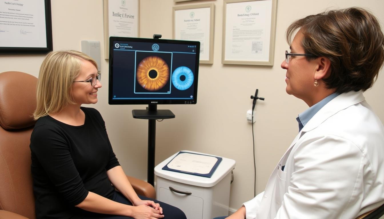 Medical professional discussing iridology findings with a patient