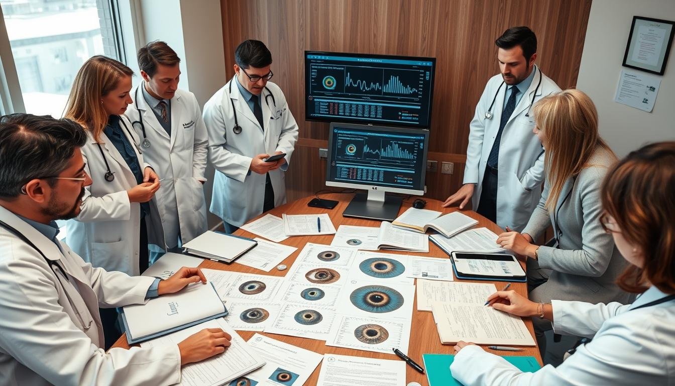 Medical professionals discussing iridology chart findings with scientific literature