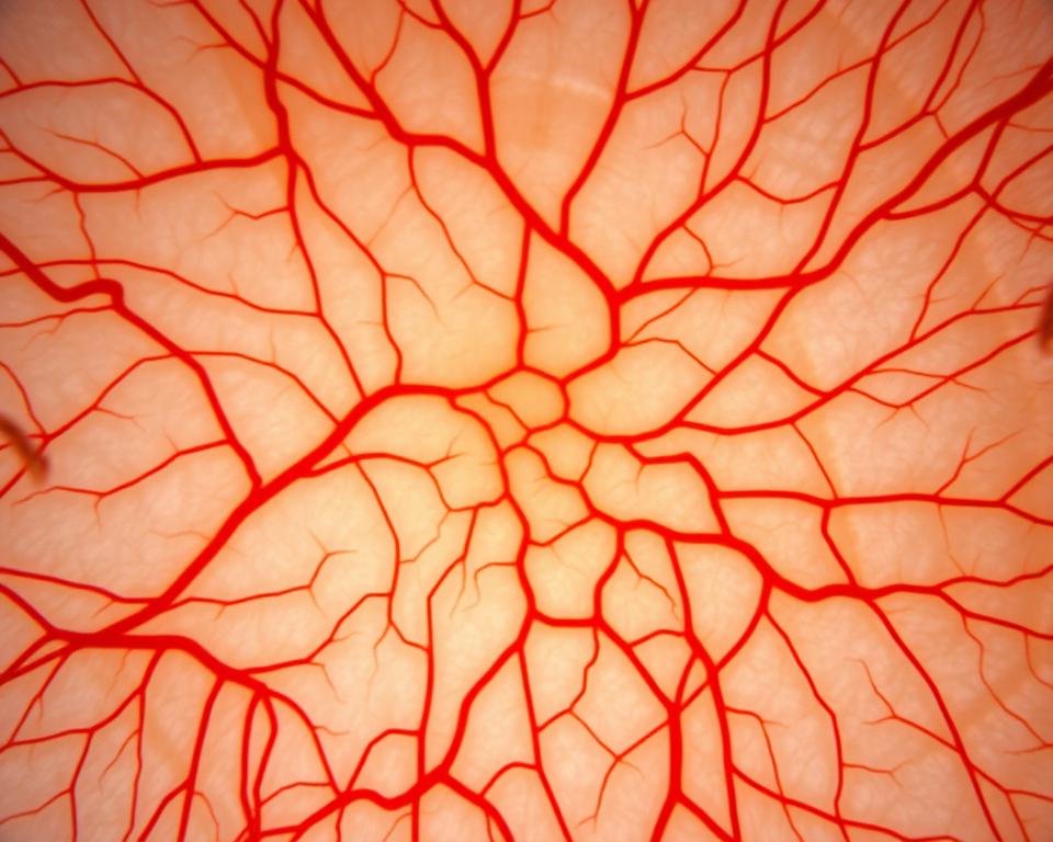 Microscopic view of iris blood vessels and tissue structures