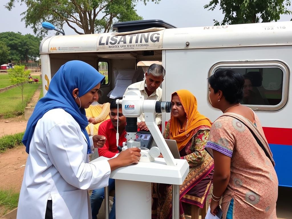 Mobile eye screening clinic providing services in rural community