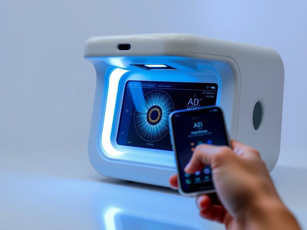 Modern digital iris scanner with smartphone connectivity and AI analysis capabilities