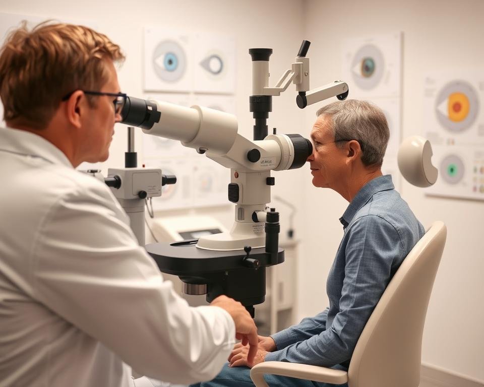 Modern eye examination using advanced diagnostic equipment in a clinical setting