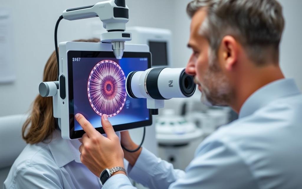 Modern iridologist using Bernard Jensen techniques with digital equipment Modern iridologist using Bernard Jensen techniques with digital equipment