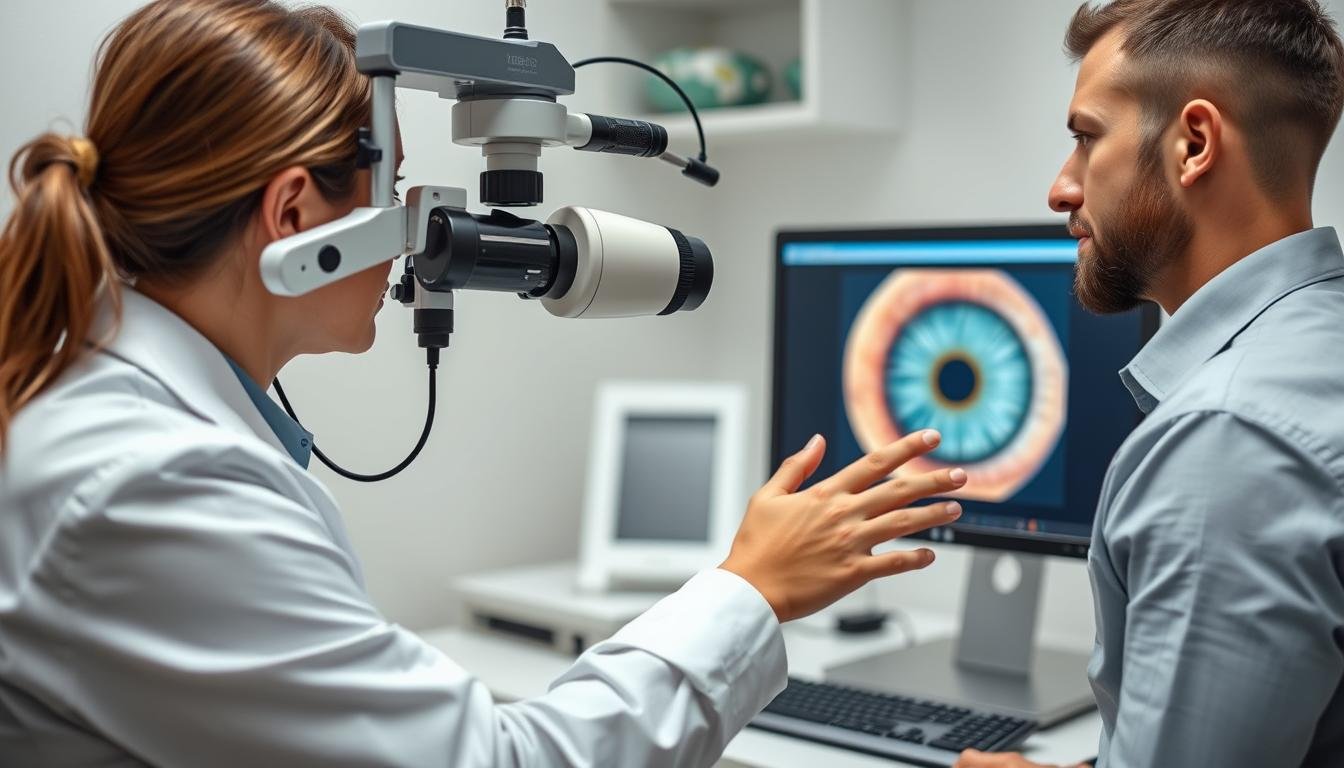Modern iridologist using digital equipment to analyze iris patterns
