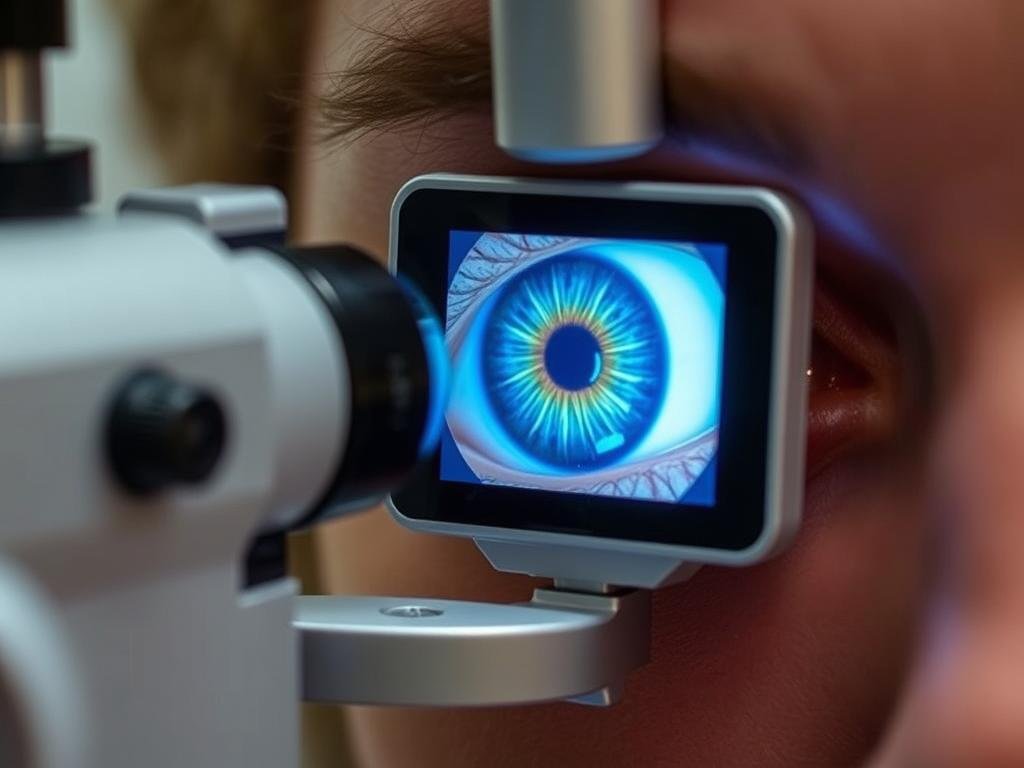 Modern iridology camera capturing high-resolution image of human iris for chart analysis