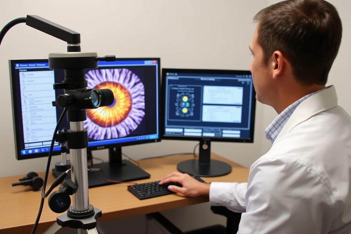 Modern iridology equipment being used to analyze iris patterns